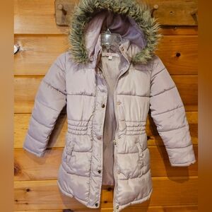 Girls' Light Pink Puffer Coat with Faux Fur Hood Size 12